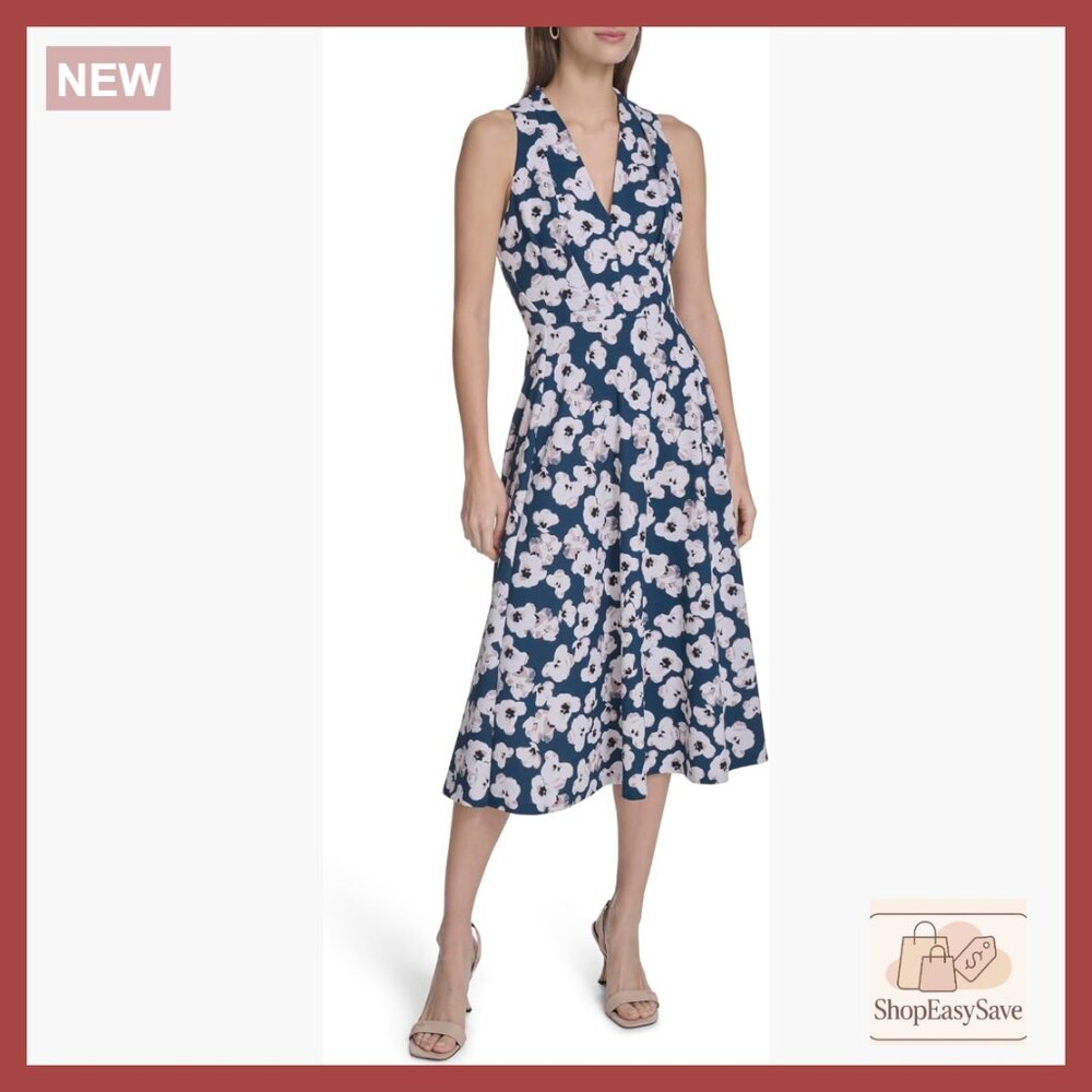 Sleeveless V Neck Floral Scuba Crepe A-Line Midi Dress Elegant Chic Versatile